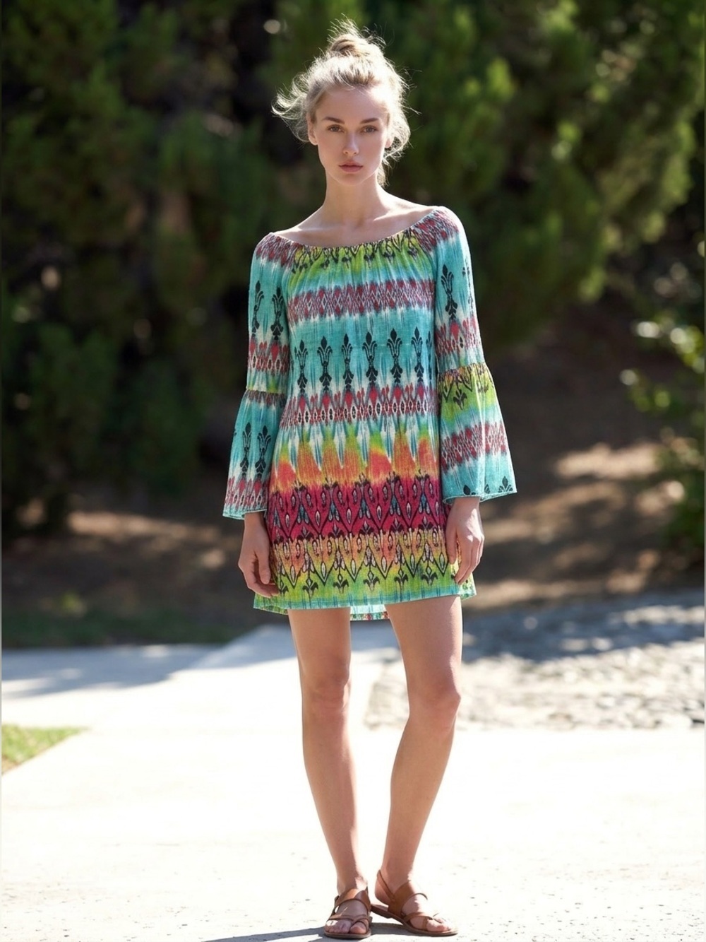 2B Together Boho Geometric Ikat Bell Sleeve Tunic Dress Size S